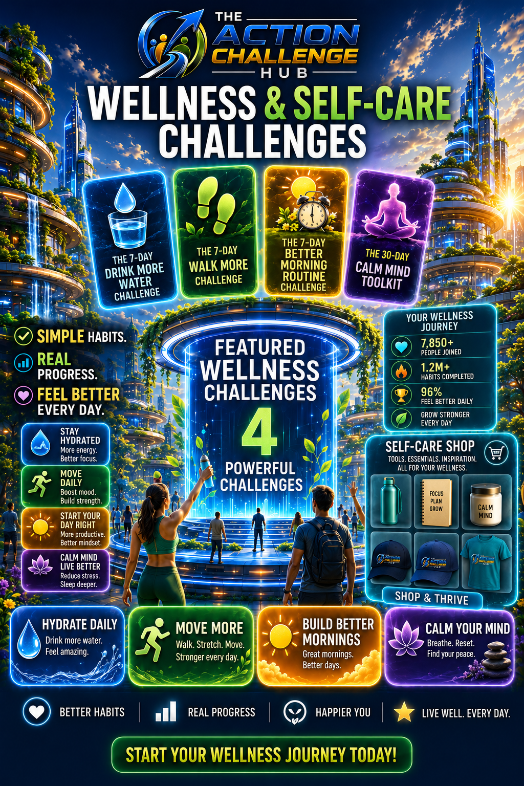 The Action Challenge Hub wellness and self-care challenge banner for hydration, walking, routines, calm habits, and personal growth